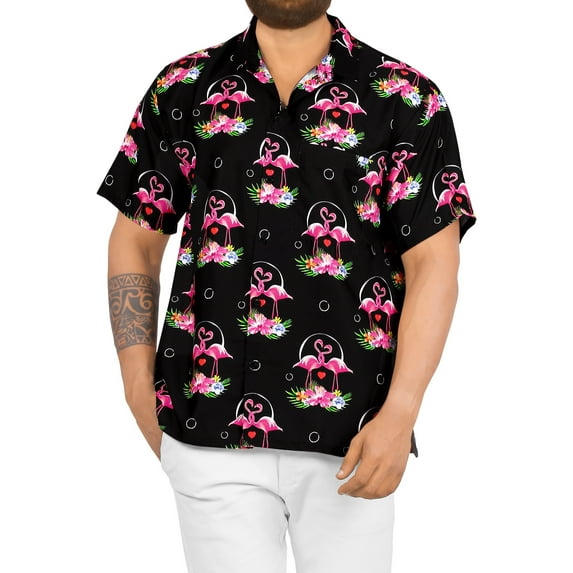 LA LEELA Men's Hawaiian Shirts Short Sleeve Button Down Shirt Men's Casual Shirts Holiday Tropical Beach Summer Party Shirts for Men Funny M Flamingo Love, Black