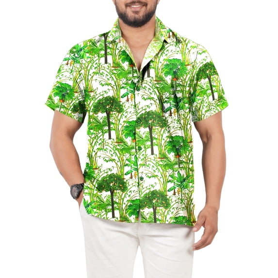 LA LEELA Men's Hawaiian Shirts Short Sleeve Button Down Shirt Men's Casual Shirts Vacation Tropical Beach Summer Shirts for Men Funny L Allover Trees, Autumn Green