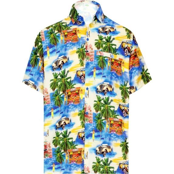 LA LEELA Men's Hawaiian Shirts Short Sleeve Button Down Shirt Men's Hawaii Shirts Boho Holiday Casual Summer Beach Shirts for Men Funny XL Hawaii Party, Blue