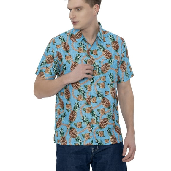LA LEELA Men's Hawaiian Shirts Short Sleeve Button Down Shirt Men's Hawaii Shirts Boho Vacation Casual Summer Beach Shirts for Men Funny M Graphical Pineapple, Blue