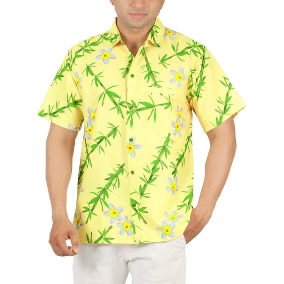 LA LEELA Men's Hawaiian Shirts Short Sleeve Button Down Shirt Men's Hawaii Shirts Boho Vacation Casual Summer Beach Shirts for Men Funny XXL Floral, Yellow