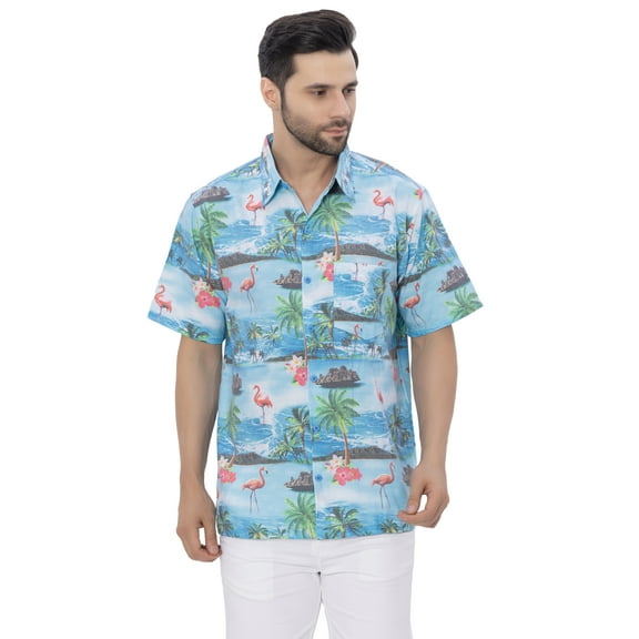 LA LEELA Men's Hawaiian Shirts Short Sleeve Button Down Shirt Men's Hawaii Shirts Boho Vacation Summer Beach Shirts for Men 3XL Allover Flamingo, Bright Blue