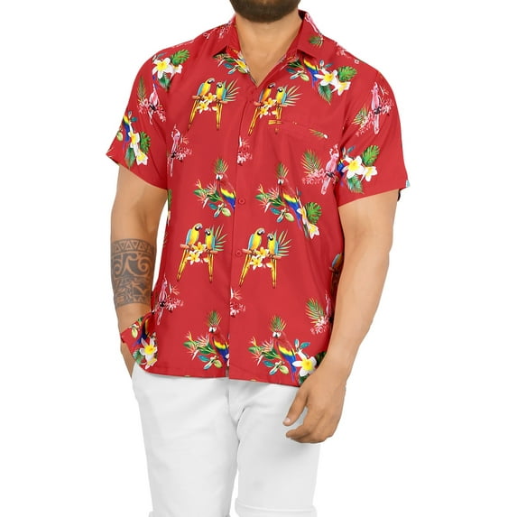 LA LEELA Men's Hawaiian Shirts Short Sleeve Button Down Shirt Men's Holiday Shirts Summer Beach Casual Aloha Tropical Shirts for Men Funny XL Cockatoo Parrot, Red