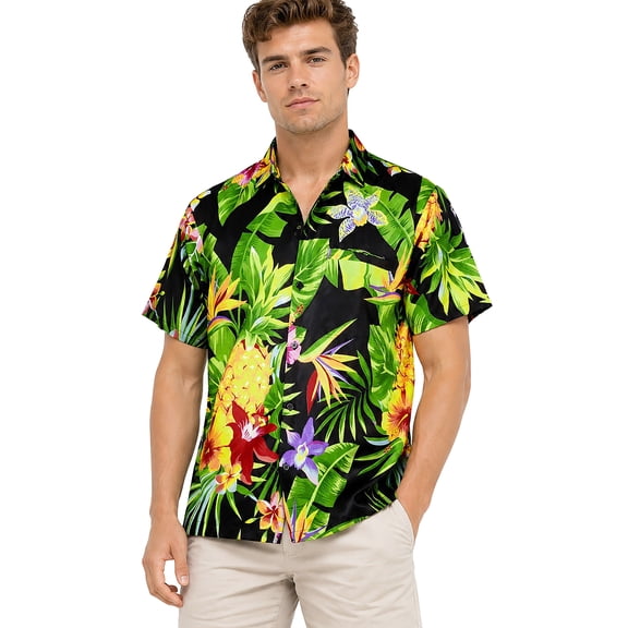 LA LEELA Men's Hawaiian Shirts Short Sleeve Button Down Shirt Men's Party Shirts Casual Holiday Summer Tropical Island Shirts for Men Funny L Floral Pineapple, Black