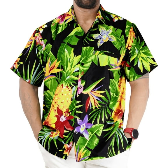 LA LEELA Men's Hawaiian Shirts Short Sleeve Button Down Shirt Men's Party Shirts Casual Holiday Summer Tropical Island Shirts for Men Funny L Floral Pineapple, Black