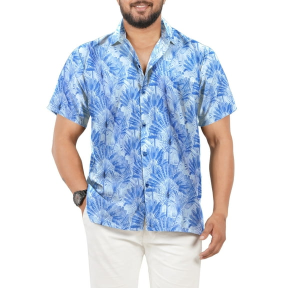 LA LEELA Men's Hawaiian Shirts Short Sleeve Button Down Shirt Men's Party Shirts Casual Vacation Summer Tropical Island Shirts for Men Funny L Royal, Leaves