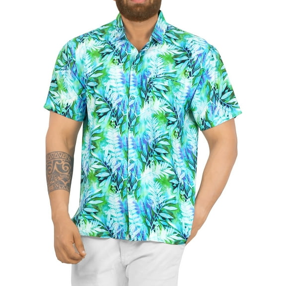 LA LEELA Men's Hawaiian Shirts Short Sleeve Button Down Shirt Men's Summer Shirts Casual Beach Holiday Hawaii Shirts for Men Funny S Tropical Leaves, Autumn Green