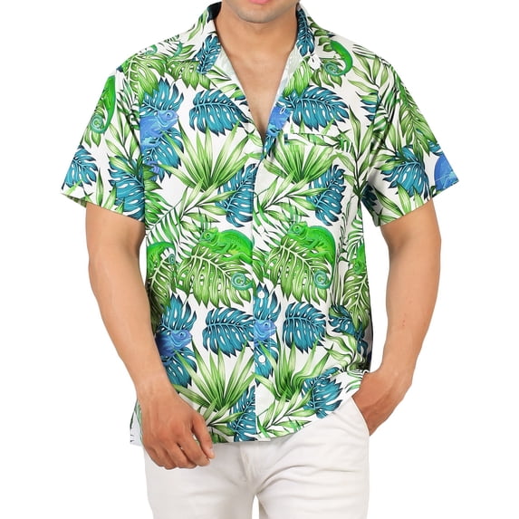 LA LEELA Men's Hawaiian Shirts Short Sleeve Button Down Shirt Men's Summer Shirts Casual Beach Vacation Hawaii Island Shirts for Men Funny 3XL Leaves, White