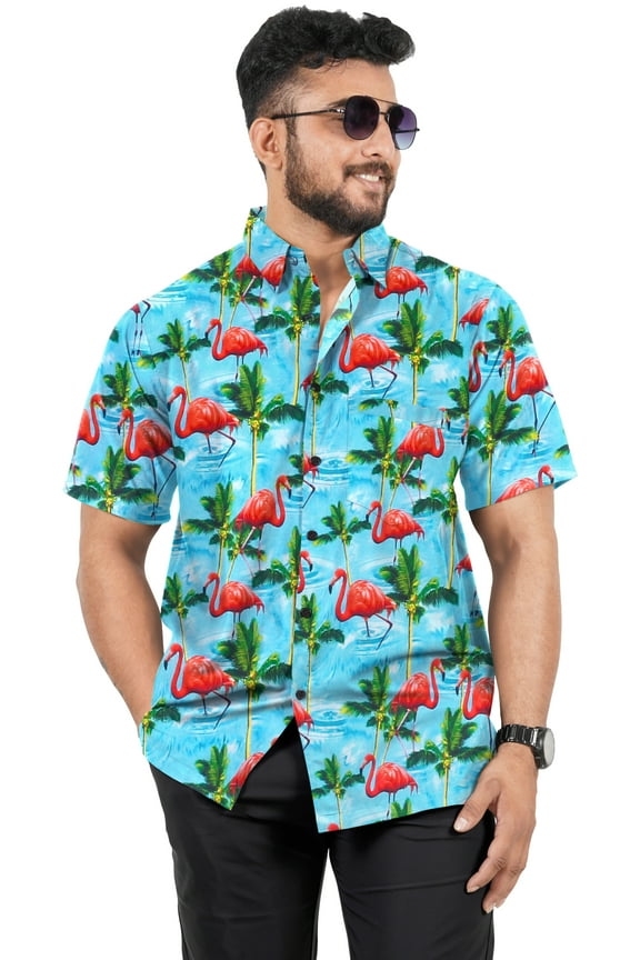 Men's Hawaiian Shirts Short Sleeve Button Down Shirt Men's Summer Shirts Casual Beach Vacation Hawaii Island Shirts for Men Funny L Palm Flamingos, Blue