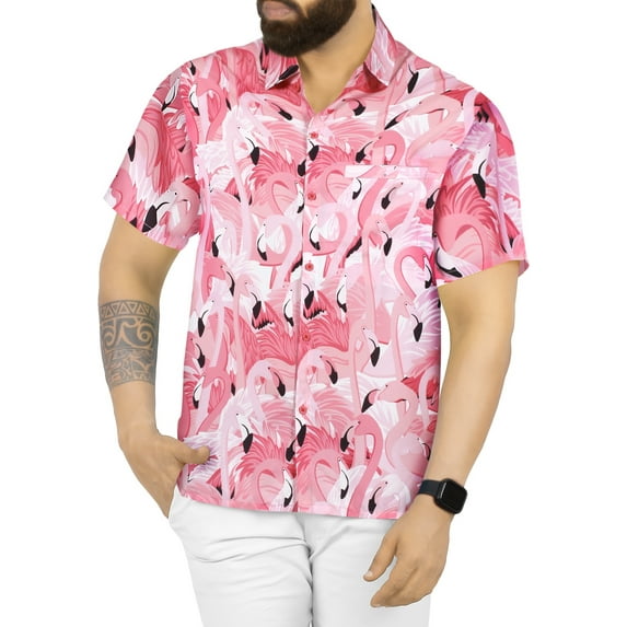 LA LEELA Men's Hawaiian Shirts Short Sleeve Button Down Shirt Men's Summer Shirts Casual Beach Vacation Hawaii Island Shirts for Men Funny XXL Wading Birds, Autumn Pink For Dad