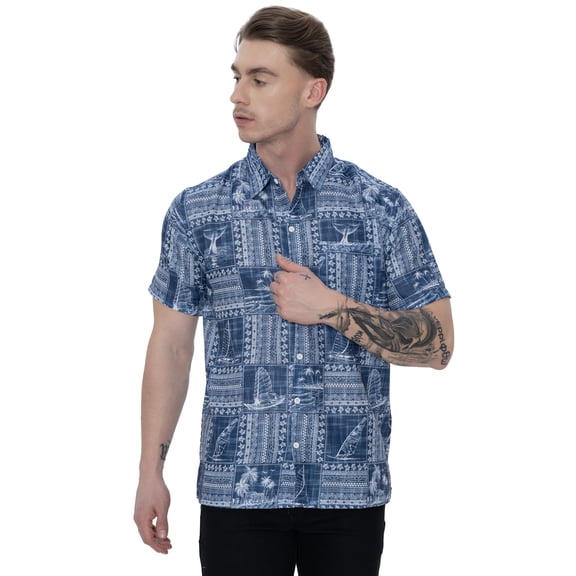 LA LEELA Men's Hawaiian Shirts Short Sleeve Button Down Shirt Men's Summer Shirts Linen Effect Casual Beach Holiday Hawaii Island Shirts for Men L Landscape, Blue