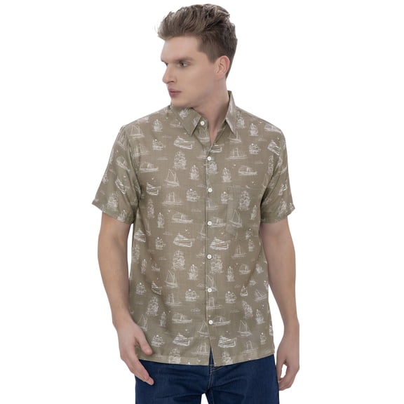 LA LEELA Men's Hawaiian Shirts Short Sleeve Button Down Shirt Men's Summer Shirts Linen Effect Casual Beach Holiday Hawaii Island Shirts for Men XXL Allover Ships, Brown