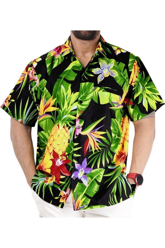 Men's Hawaiian Shirts Short Sleeve Button Down Shirt Men's Tropical Shirts Casual Holiday Summer Party Caribbean Shirts for Men Funny XXL Floral Pineapple, Black