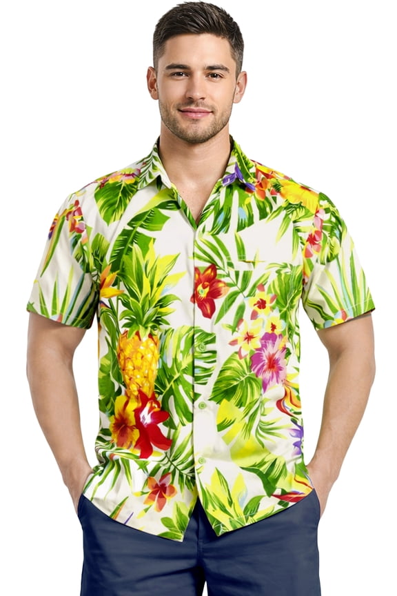Men's Hawaiian Shirts Short Sleeve Button Down Shirt Mens Casual Shirts Vacation Tropical Beach Summer Party Shirts for Men Funny M Floral Pineapple, White