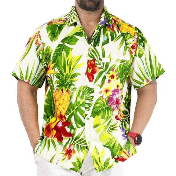 LA LEELA Men's Hawaiian Shirts Short Sleeve Button Down Shirt Mens Casual Shirts Vacation Tropical Beach Summer Party Shirts for Men Funny M Floral Pineapple, White