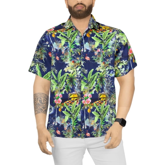 LA LEELA Men's Hawaiian Shirts Short Sleeve Button Down Shirt Mens Hawaii Shirts Boho Holiday Casual Summer Beach Shirts for Men Funny M Tropical, Navy Blue