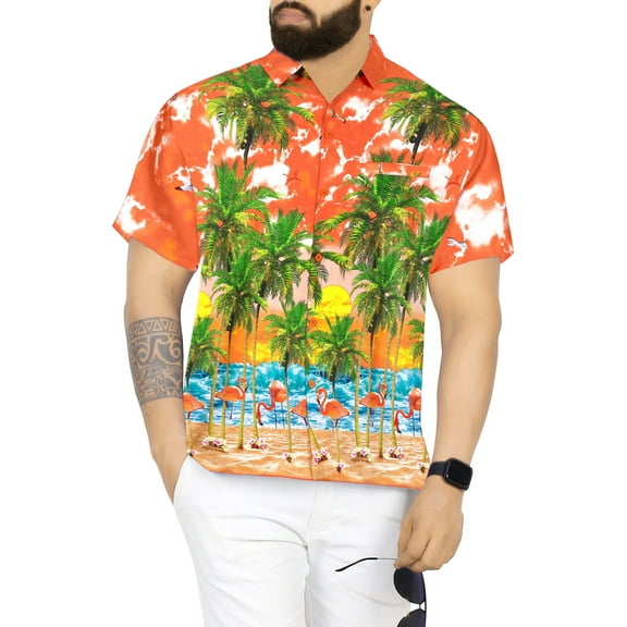 LA LEELA Men's Hawaiian Shirts Short Sleeve Button Down Shirt Mens Hawaii Shirts Boho Holiday Casual Summer Beach Shirts for Men Funny S Sea Flamingo, Orange