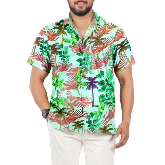 LA LEELA Men's Hawaiian Shirts Short Sleeve Button Down Shirt Mens Hawaii Shirts Boho Vacation Casual Summer Beach Shirts for Men Funny L Tropical Leaves, Autumn Green For Dad