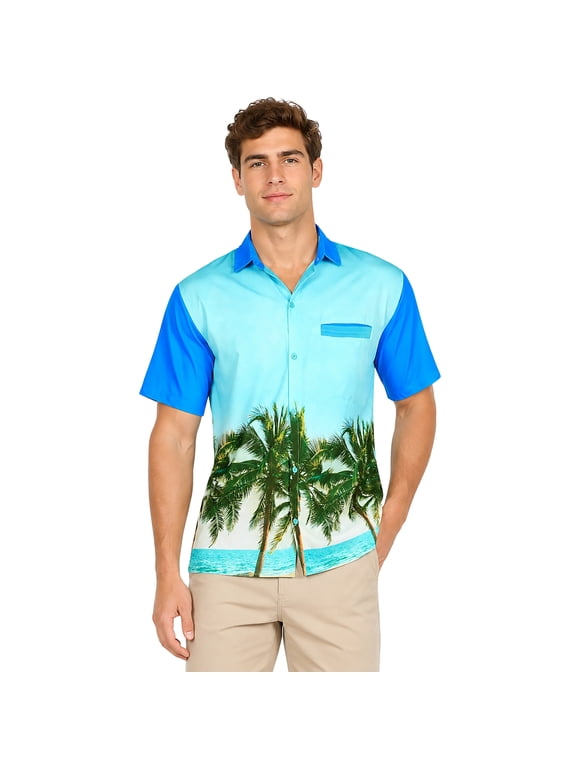 Men's Hawaiian Shirts Short Sleeve Button Down Shirt Mens Hawaii Shirts Boho Vacation Casual Summer Beach Shirts for Men Funny XL Palm Tree, Blue