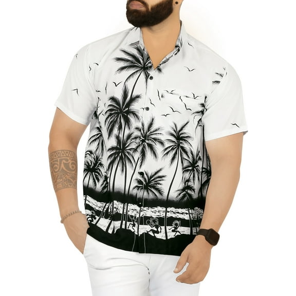 LA LEELA Men's Hawaiian Shirts Short Sleeve Button Down Shirt Mens Holiday Shirts Summer Beach Casual Aloha Tropical Shirts for Men Funny XL Sea Palm Tree, White