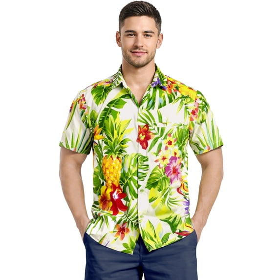 LA LEELA Men's Hawaiian Shirts Short Sleeve Button Down Shirt Mens Party Shirts Casual Vacation Summer Tropical Island Shirts for Men Funny XL Floral Pineapple, White