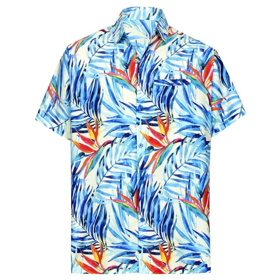 LA LEELA Men's Hawaiian Shirts Short Sleeve Button Down Shirt Mens Party Shirts Casual Vacation Summer Tropical Island Shirts for Men Funny XL Tropical Leaves, Blue