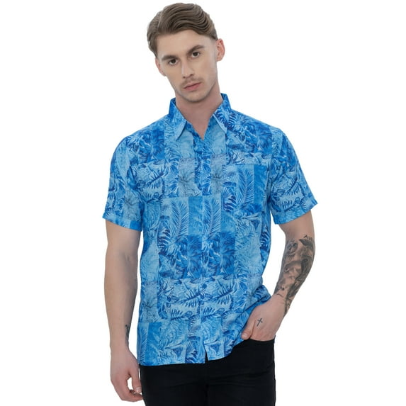 LA LEELA Men's Hawaiian Shirts Short Sleeve Button Down Shirt Mens Summer Holiday Beach Shirts Casual Aloha Tropical Shirts for Men Funny L Tropical, Blue