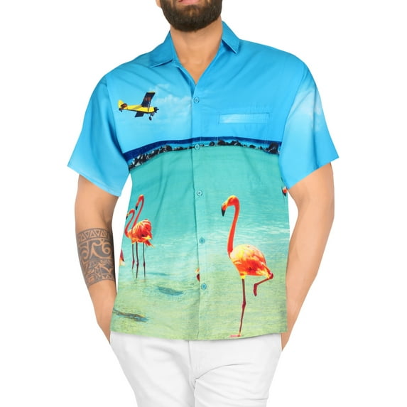 LA LEELA Men's Hawaiian Shirts Short Sleeve Button Down Shirt Mens Summer Shirts Casual Beach Holiday Hawaii Island Shirts for Men Funny 3XL Seashore Flamingos, Blue