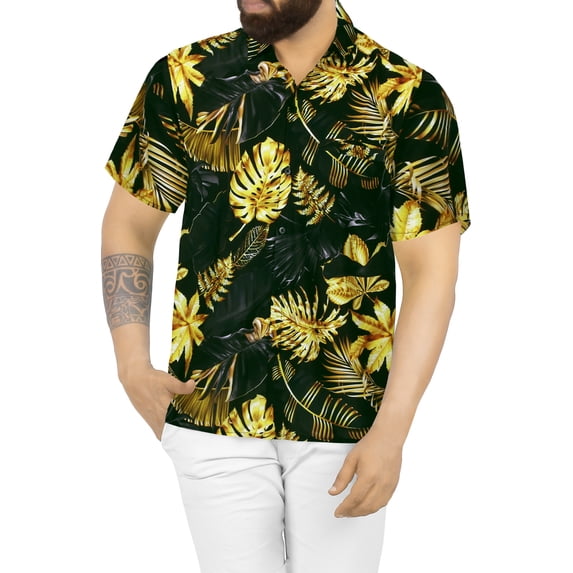 LA LEELA Men's Hawaiian Shirts Short Sleeve Button Down Shirt Mens Summer Shirts Casual Beach Vacation Hawaii Island Shirts for Men Funny L Abstract Gold Leaf, Black