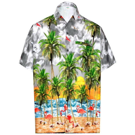 LA LEELA Men's Hawaiian Shirts Short Sleeve Button Down Shirt Mens Summer Shirts Casual Beach Vacation Hawaii Island Shirts for Men Funny L Sea Flamingo, Grey