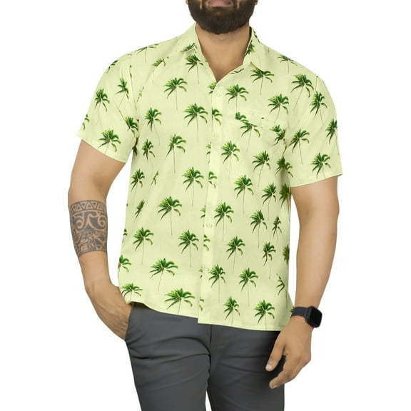 LA LEELA Men's Hawaiian Shirts Short Sleeve Button Down Shirt Mens Tropical Shirts Casual Vacation Summer Party Caribbean Shirts for Men Funny M Allover Palm, Autumn Beige