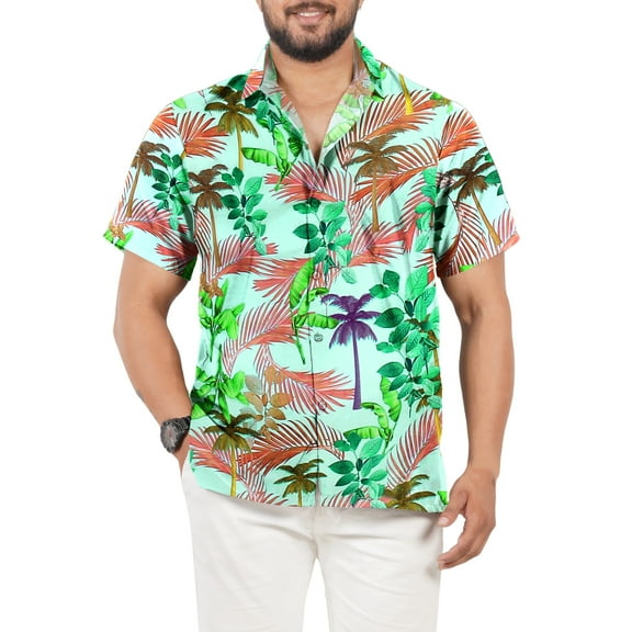 LA LEELA Men's Hawaiian Shirts Short Sleeve Button Down Shirt Mens Vacation Shirts Summer Beach Casual Aloha Shirts for Men Funny XXL Tropical Leaves, Autumn Green
