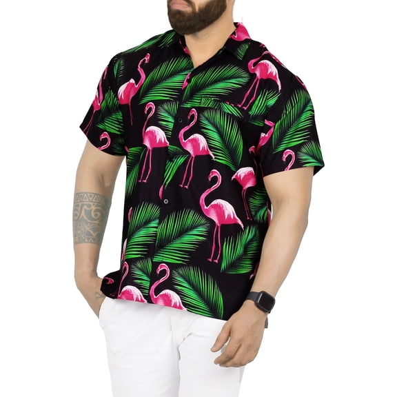 LA LEELA Men's Hawaiian Shirts Short Sleeve Button Down Shirt Mens Vacation Shirts Summer Beach Casual Tropical Shirts for Men Funny XXL Wading Bird Leaf, Black