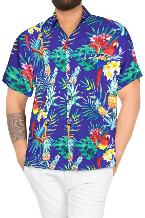 Men's Hawaiian Shirts Short Sleeve Button Down Shirt Pineapple Shirt Men Casual Holiday Summer Party Caribbean Shirts for Men Funny XXL Tropical Parrots, Blue For Dad