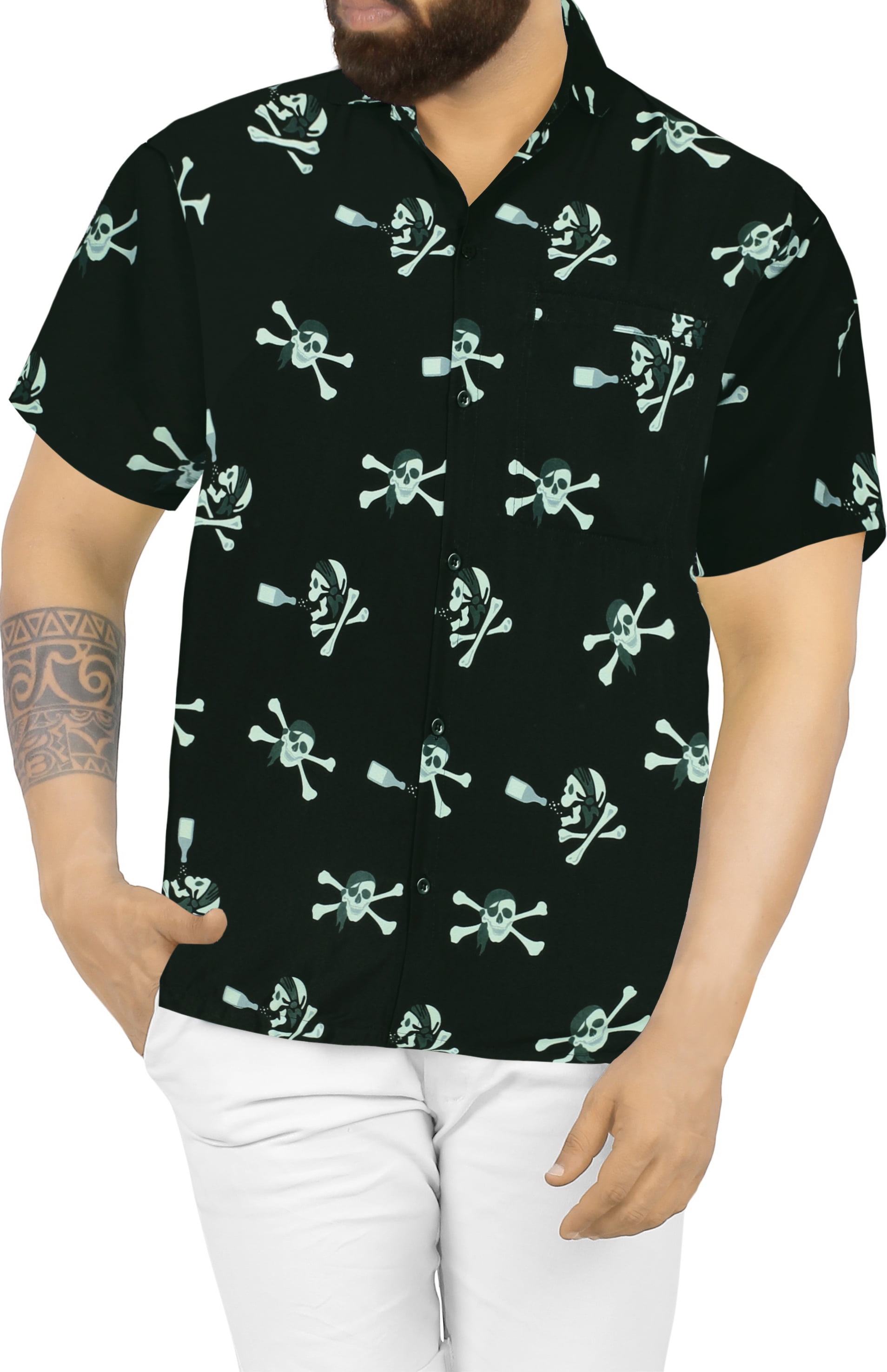 LA LEELA Men's Hawaiian Short Sleeve Beach Caribbean Cruise Shirt Holiday Costumes Button Up Shirts for Men S Crossbones Scary Black