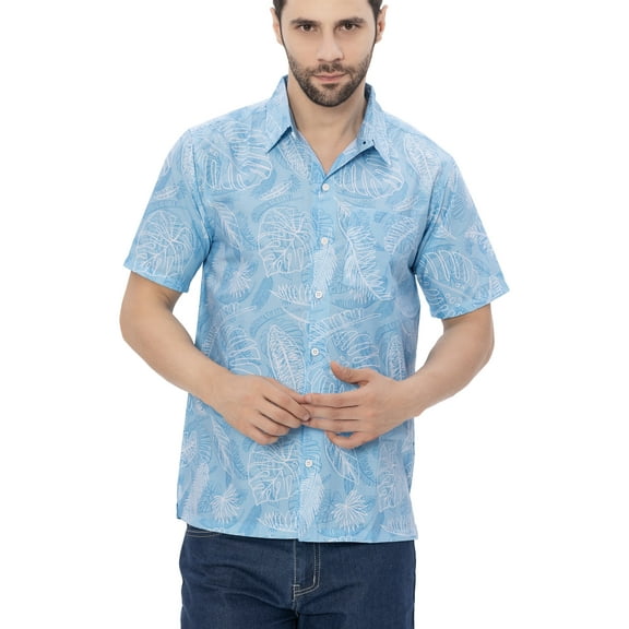 LA LEELA Men's Hawaiian Short Sleeve Button Down Shirt Mens Casual Shirts Vacation Camp Beach Summer Party Shirts for Men Funny M Tropical Leafs, Blue