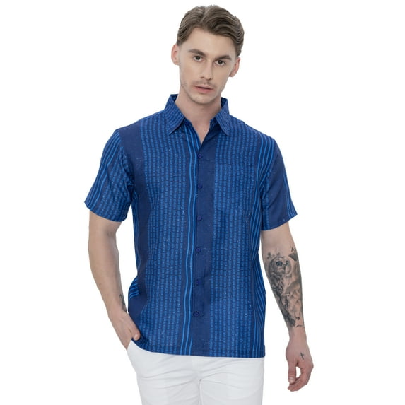 LA LEELA Men's Hawaiian Short Sleeve Holiday Beach Shirt S Stripes Royal Blue Summer Vacation Holiday