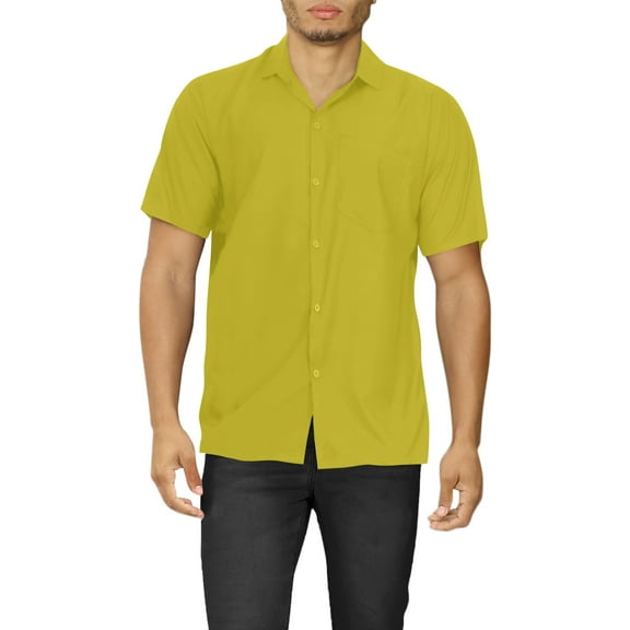 LA LEELA Men's Hawaiian Solid Beach Shirts Casual Short Sleeve Shirts Button Down Shirt Men S Mustard, Plain