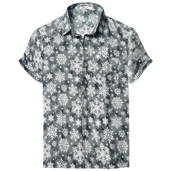 LA LEELA Men's Holiday Beach Holiday Short Sleeve Santa Claus Party Hawaii Holiday Shirt Hawaiian Christmas Tree Shirts for Men L Grey Snow Flakes