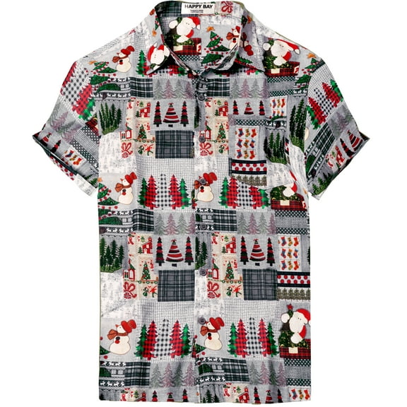 LA LEELA Men's Holiday Beach Short Sleeve Vacation Hawaii Santa Claus Party Holiday Shirt Hawaiian Ugly Christmas Tree Shirts for Men M Grey Santa