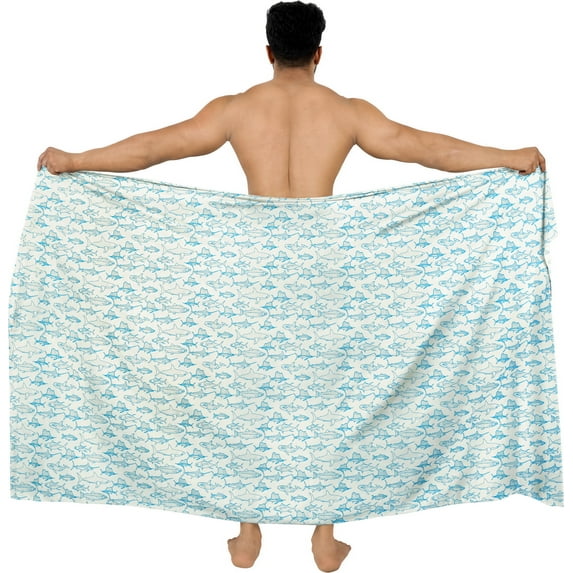 LA LEELA Men's Holiday Pareo Standard Swimsuits Elegant Vacation Sarong Swimwear Long Swim Beach Wrap One Size Fish, White Vacation