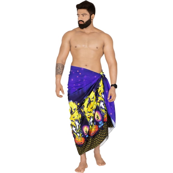 LA LEELA Men's Pareo Halloween Costumes Pumpkin Sarong Swimwear Cover Up Beach Wrap Summer Swim Trunks for Men One Size Ghost, Witch Blue