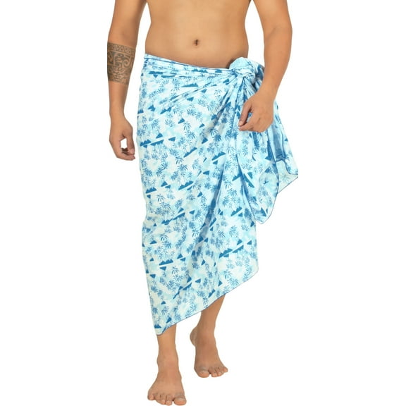 LA LEELA Men's Sarong Beach Cotton Linen Effect Pareo Sulu Beachwear Casual Wrap Swimwear For Men One Size Blue, Palm Tree Vacation