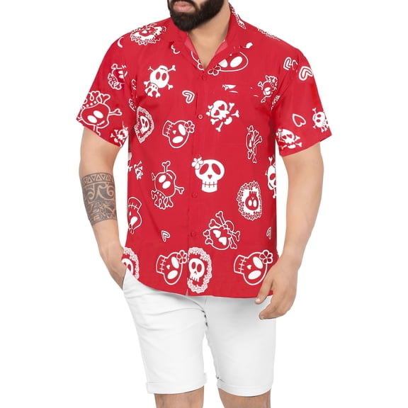 LA LEELA Men's Short Sleeve Button Down Summer Caribbean Party Shirt Fashion Costumes Hawaiian Shirts for Men XL Cartoon Skull Spooky Red