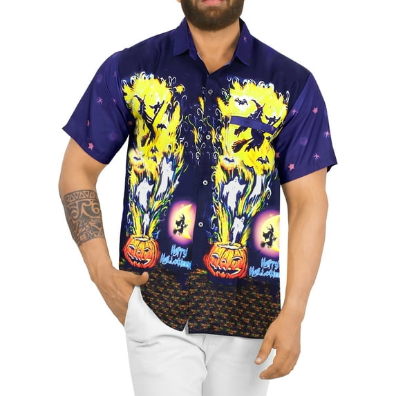 LA LEELA Men's Short Sleeve Button Up Beach Caribbean Cruise Shirt Fashion Halloween Costumes Hawaiian Shirts for Men 4XL Ghost Witch Blue
