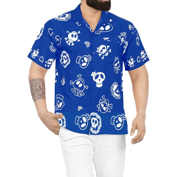 LA LEELA Men's Short Sleeve Button Up Beach Caribbean Cruise Shirt Holiday Costumes Hawaiian Shirts for Men XXL Clip Art Skull Royal Blue