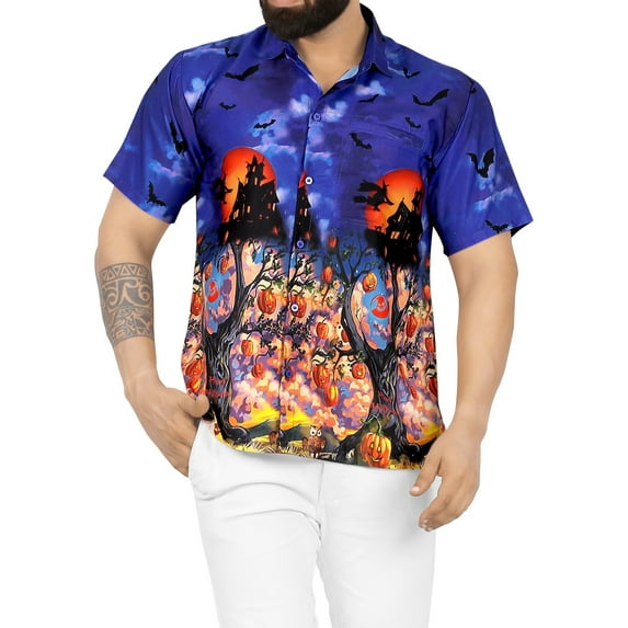 LA LEELA Men's Short Sleeve Button Up Beach Caribbean Cruise Shirt Vacation Halloween Costumes Hawaiian Shirts for Men S Haunted Tree Night Blue