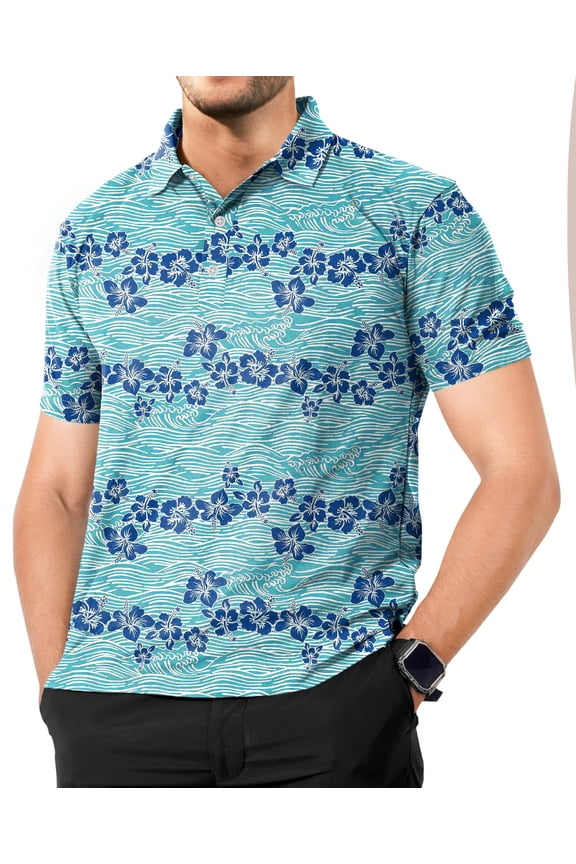 Men's Short Sleeves Collared Jersey Classic Fit Button Down Casual Daily T-Shirt Golf Polo Shirts for Men M Floral, Blue