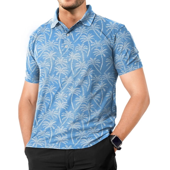 LA LEELA Men's Short Sleeves Collared Jersey Classic Fit Button Down Casual Daily T-Shirt Golf Polo Shirts for Men M Palm Tree, Blue