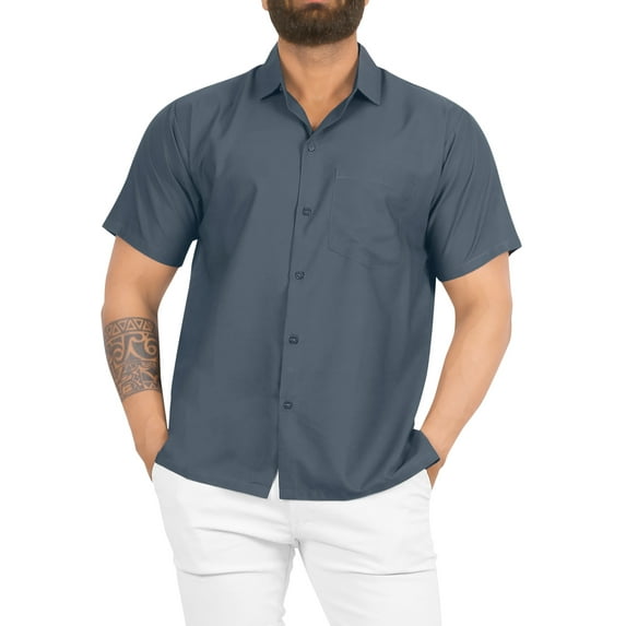 LA LEELA Men's Solid Beach Shirts Casual Short Sleeve Button Down Shirts Hawaiian Shirt for Men 4XL Grey, Plain